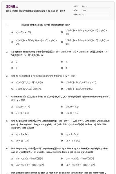 Đề kiểm tra Toán 9 Cánh diều Chương 1 có đáp án - Đề 2