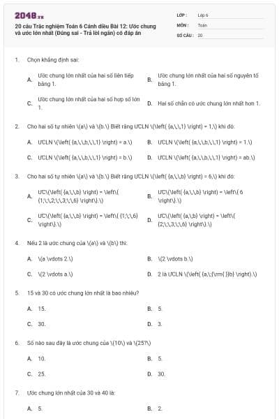 20 câu Trắc nghiệm Toán 6 Cánh diều Bài 12: Ước chung và ước lớn nhất (Đúng sai - Trả lời ngắn) có đáp án