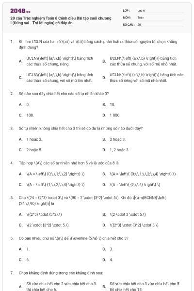 20 câu Trắc nghiệm Toán 6 Cánh diều Bài tập cuối chương I (Đúng sai - Trả lời ngắn) có đáp án