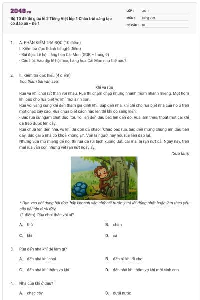 Bộ 10 đề thi giữa kì 2 Tiếng Việt lớp 1 Chân trời sáng tạo có đáp án - Đề 1