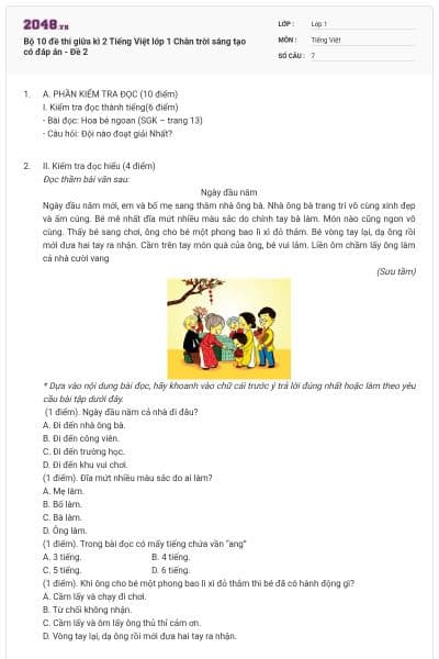 Bộ 10 đề thi giữa kì 2 Tiếng Việt lớp 1 Chân trời sáng tạo có đáp án - Đề 2