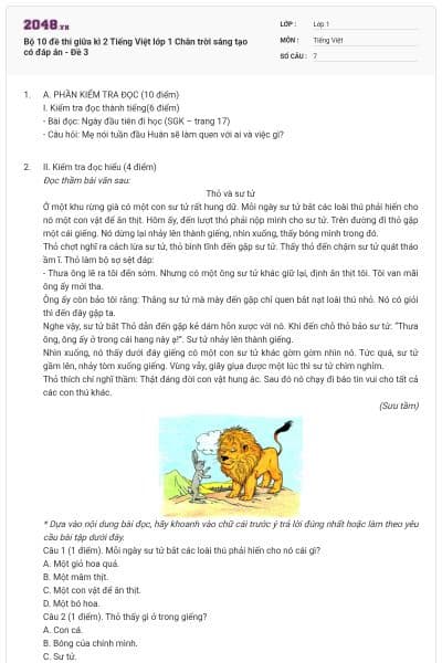 Bộ 10 đề thi giữa kì 2 Tiếng Việt lớp 1 Chân trời sáng tạo có đáp án - Đề 3