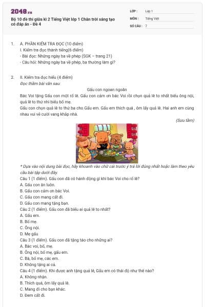 Bộ 10 đề thi giữa kì 2 Tiếng Việt lớp 1 Chân trời sáng tạo có đáp án - Đề 4