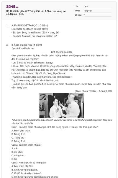 Bộ 10 đề thi giữa kì 2 Tiếng Việt lớp 1 Chân trời sáng tạo có đáp án - Đề 5