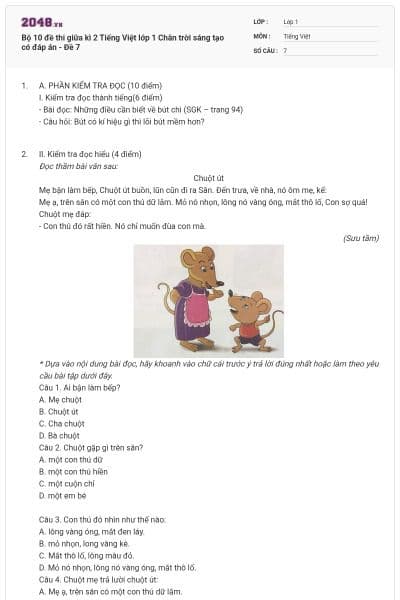 Bộ 10 đề thi giữa kì 2 Tiếng Việt lớp 1 Chân trời sáng tạo có đáp án - Đề 7