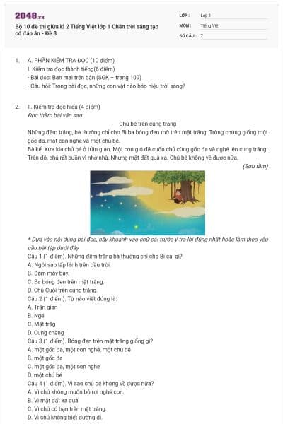 Bộ 10 đề thi giữa kì 2 Tiếng Việt lớp 1 Chân trời sáng tạo có đáp án - Đề 8