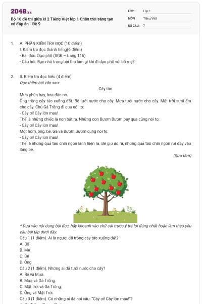 Bộ 10 đề thi giữa kì 2 Tiếng Việt lớp 1 Chân trời sáng tạo có đáp án - Đề 9