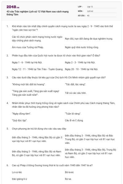 43 câu Trắc nghiệm Lịch sử 12 Việt Nam sau cách mạng tháng Tám