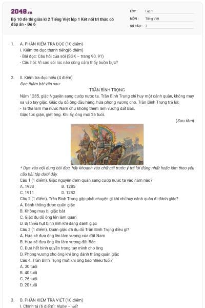 Bộ 10 đề thi giữa kì 2 Tiếng Việt lớp 1 Kết nối tri thức có đáp án - Đề 6