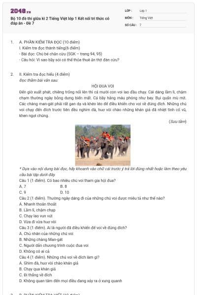 Bộ 10 đề thi giữa kì 2 Tiếng Việt lớp 1 Kết nối tri thức có đáp án - Đề 7