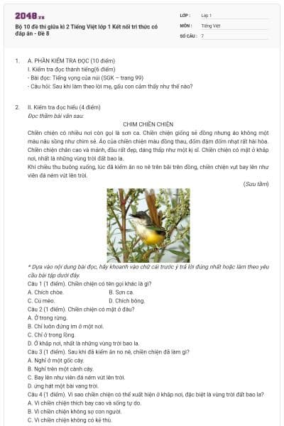 Bộ 10 đề thi giữa kì 2 Tiếng Việt lớp 1 Kết nối tri thức có đáp án - Đề 8