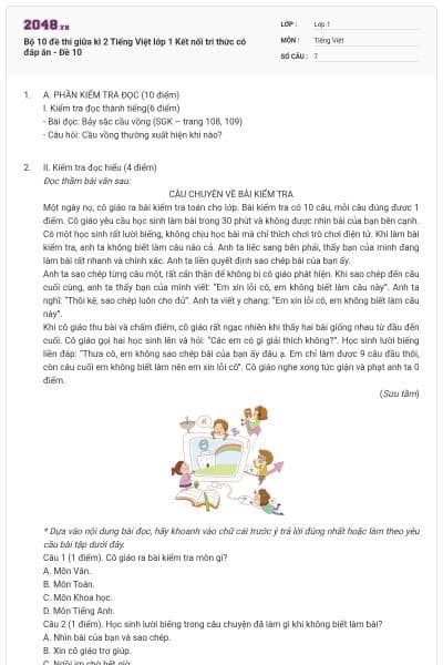 Bộ 10 đề thi giữa kì 2 Tiếng Việt lớp 1 Kết nối tri thức có đáp án - Đề 10