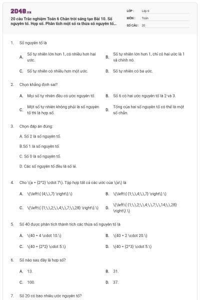 20 câu Trắc nghiệm Toán 6 Chân trời sáng tạo Bài 10. Số nguyên tố. Hợp số. Phân tích một số ra thừa số nguyên tố (Đúng sai - Trả lời ngắn) có đáp án