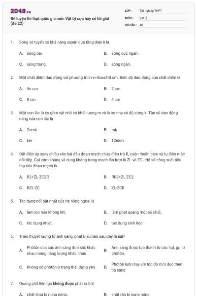 Đề luyện thi thpt quốc gia môn Vật Lý cực hay có lời giải (đề 22)