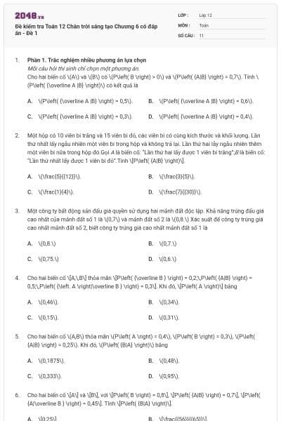 Đề kiểm tra Toán 12 Chân trời sáng tạo Chương 6 có đáp án - Đề 1