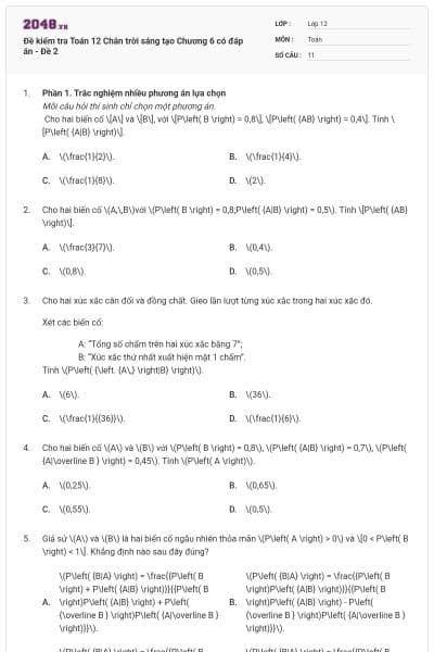 Đề kiểm tra Toán 12 Chân trời sáng tạo Chương 6 có đáp án - Đề 2