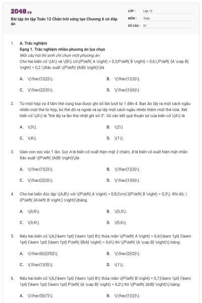 Bài tập ôn tập Toán 12 Chân trời sáng tạo Chương 6 có đáp án