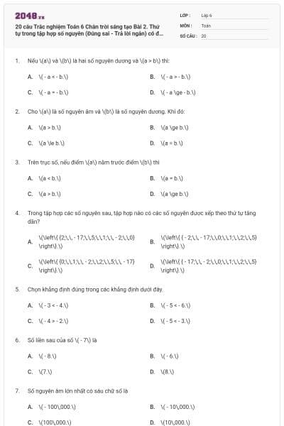 20 câu Trắc nghiệm Toán 6 Chân trời sáng tạo Bài 2. Thứ tự trong tập hợp số nguyên (Đúng sai - Trả lời ngắn) có đáp án