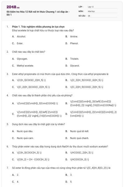 Đề kiểm tra Hóa 12 Kết nối tri thức Chương 1 có đáp án - Đề 1