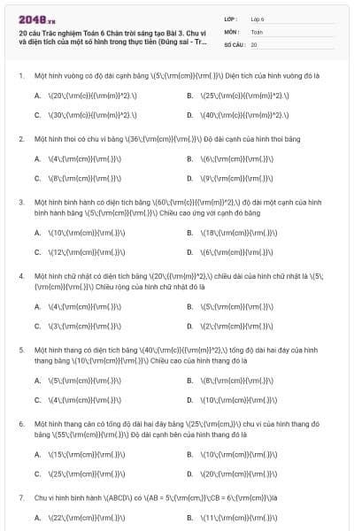 20 câu Trắc nghiệm Toán 6 Chân trời sáng tạo Bài 3. Chu vi và diện tích của một số hình trong thực tiễn (Đúng sai - Trả lời ngắn) có đáp án