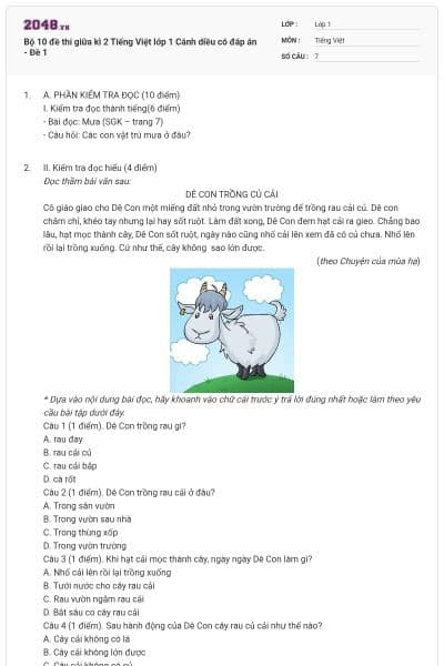 Bộ 10 đề thi giữa kì 2 Tiếng Việt lớp 1 Cánh diều có đáp án - Đề 1
