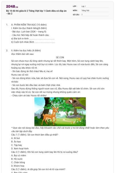 Bộ 10 đề thi giữa kì 2 Tiếng Việt lớp 1 Cánh diều có đáp án - Đề 2