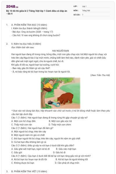 Bộ 10 đề thi giữa kì 2 Tiếng Việt lớp 1 Cánh diều có đáp án - Đề 4