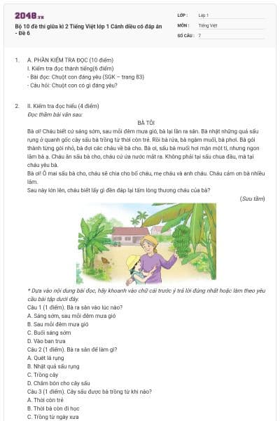 Bộ 10 đề thi giữa kì 2 Tiếng Việt lớp 1 Cánh diều có đáp án - Đề 6