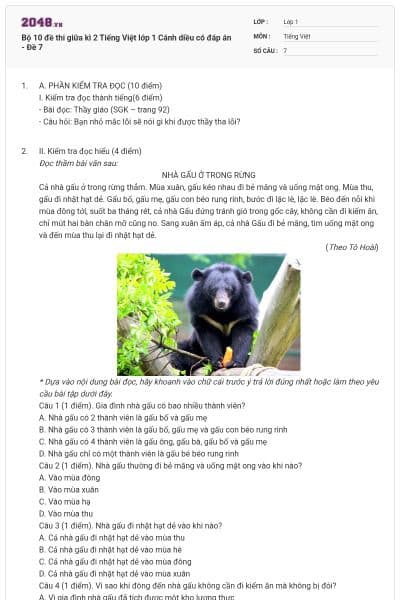 Bộ 10 đề thi giữa kì 2 Tiếng Việt lớp 1 Cánh diều có đáp án - Đề 7