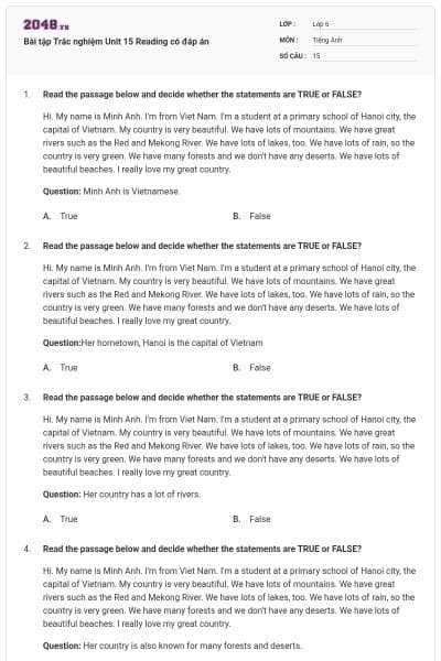 Bài tập Trắc nghiệm Unit 15 Reading có đáp án