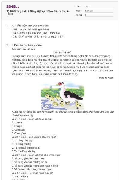 Bộ 10 đề thi giữa kì 2 Tiếng Việt lớp 1 Cánh diều có đáp án - Đề 8