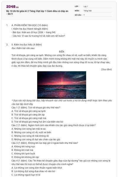 Bộ 10 đề thi giữa kì 2 Tiếng Việt lớp 1 Cánh diều có đáp án - Đề 9