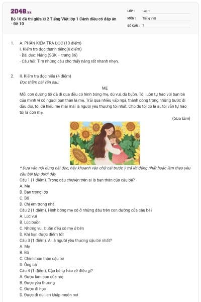 Bộ 10 đề thi giữa kì 2 Tiếng Việt lớp 1 Cánh diều có đáp án - Đề 10