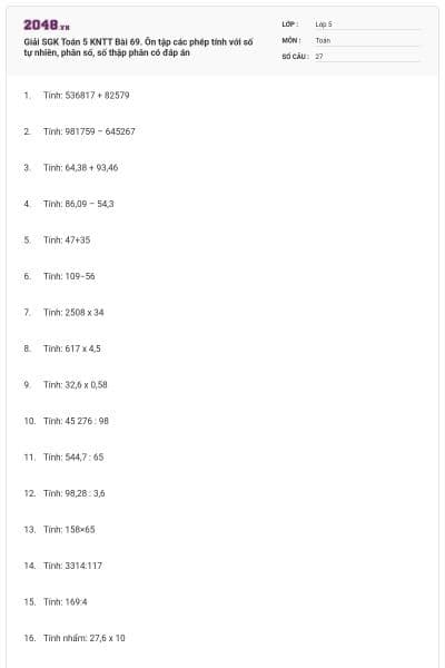 Giải SGK Toán 5 KNTT Bài 69. Ôn tập các phép tính với số tự nhiên, phân số, số thập phân có đáp án