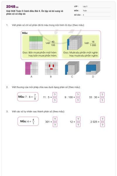 Giải SGK Toán 5 Cánh diều Bài 4. Ôn tập và bổ sung về phân số có đáp án