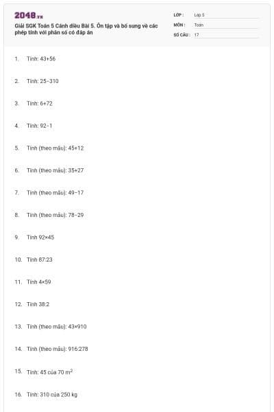 Giải SGK Toán 5 Cánh diều Bài 5. Ôn tập và bổ sung về các phép tính với phân số có đáp án