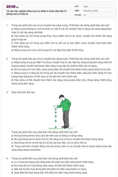 10 câu trắc nghiệm Khoa học tự nhiên 6 Cánh diều Bài 31 (Đúng sai) có đáp án