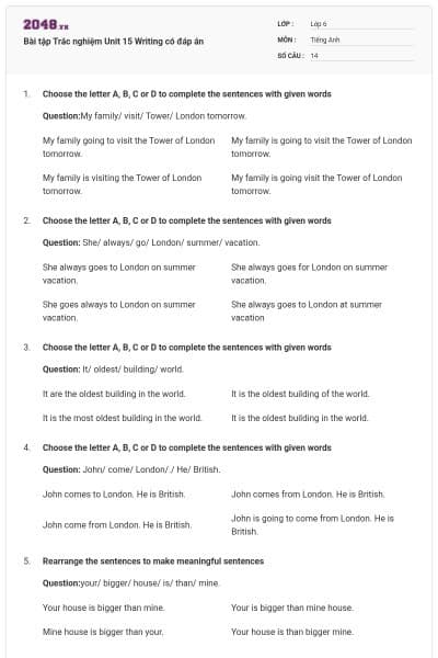 Bài tập Trắc nghiệm Unit 15 Writing có đáp án