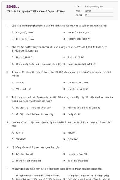 250+ câu trắc nghiệm Thiết bị điện có đáp án - Phần 4