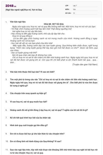 (Ngữ liệu ngoài sgk)Họa mi, Vẹt và Quạ