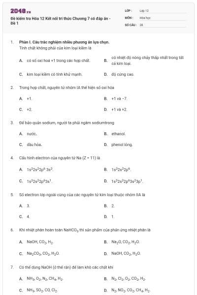 Đề kiểm tra Hóa 12 Kết nối tri thức Chương 7 có đáp án - Đề 1