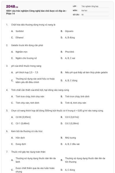 400+ câu trắc nghiệm Công nghệ bào chế dược có đáp án - Phần 14