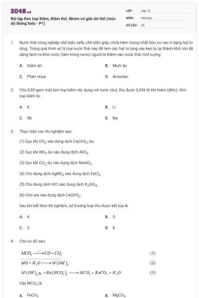 Bài tập Kim loại Kiềm, Kiềm thổ, Nhôm có giải chi tiết (mức độ thông hiểu - P1)