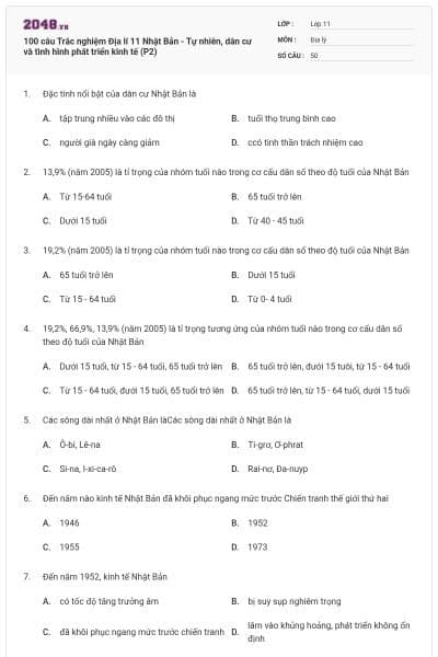 100 câu Trắc nghiệm Địa lí 11 Nhật Bản - Tự nhiên, dân cư và tình hình phát triển kinh tế (P2)