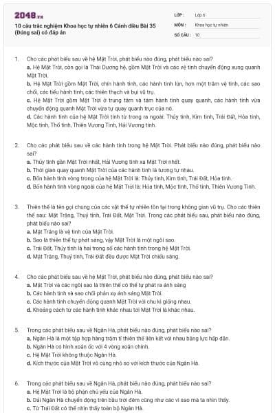 10 câu trắc nghiệm Khoa học tự nhiên 6 Cánh diều Bài 35 (Đúng sai) có đáp án