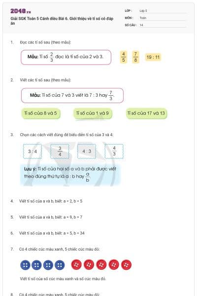 Giải SGK Toán 5 Cánh diều Bài 6. Giới thiệu về tỉ số có đáp án