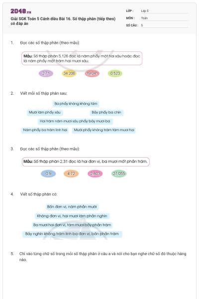 Giải SGK Toán 5 Cánh diều Bài 16. Số thập phân (tiếp theo) có đáp án