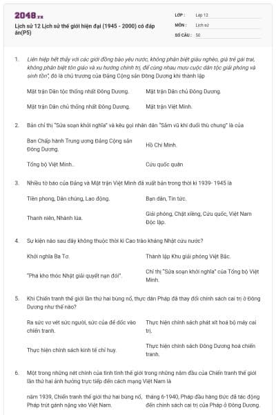 Lịch sử 12 Lịch sử thế giới hiện đại (1945 - 2000) có đáp án(P5)