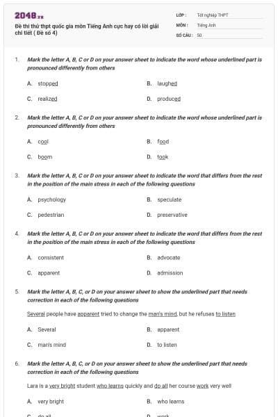 Đề thi thử thpt quốc gia môn Tiếng Anh cực hay có lời giải chi tiết ( Đề số 4)