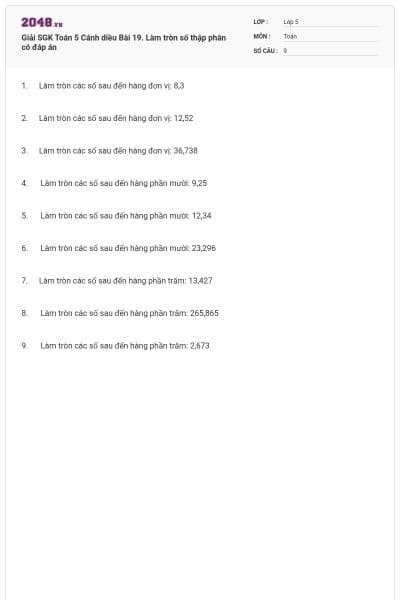Giải SGK Toán 5 Cánh diều Bài 19. Làm tròn số thập phân có đáp án